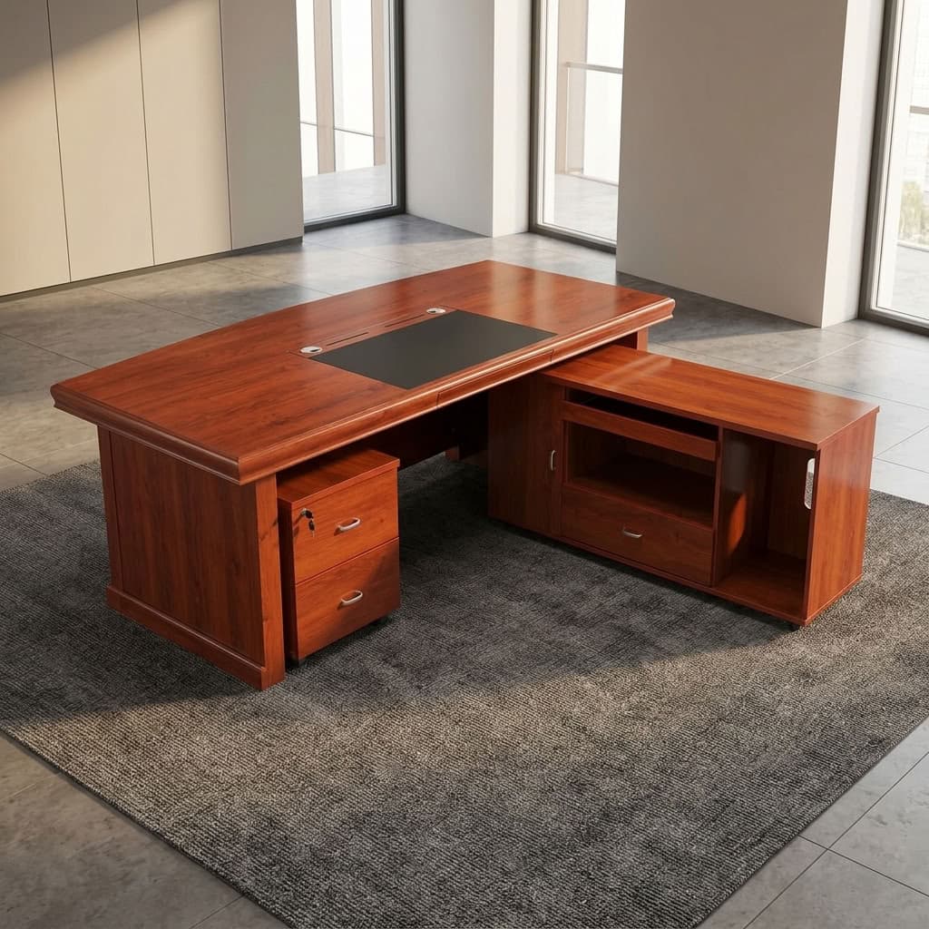 2m Mahogany Executive Desk with glossy reddish-brown tabletop, black writing insert, cable management openings, decorative black modesty panel, mobile pedestal and matching side cabinet.