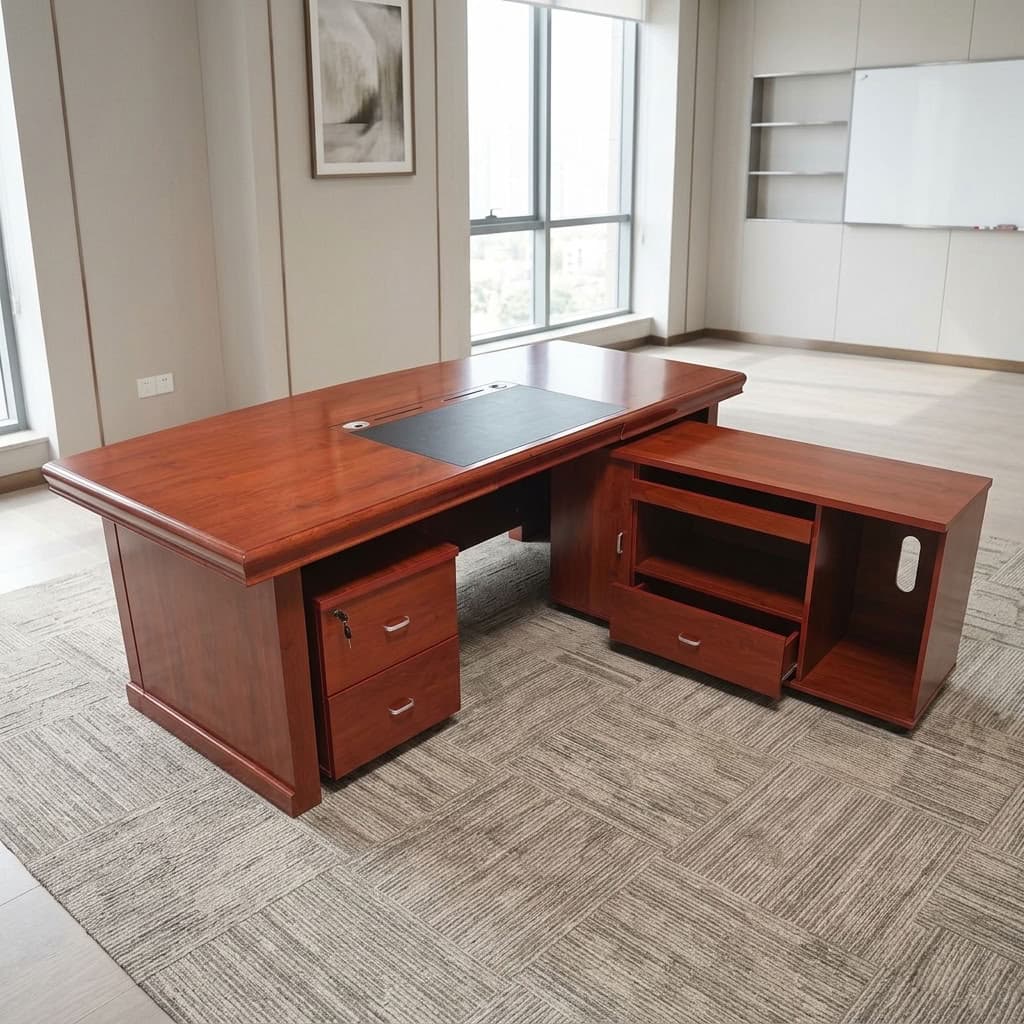 2m Mahogany Executive Desk with glossy reddish-brown tabletop, black writing insert, cable management openings, decorative black modesty panel, mobile pedestal and matching side cabinet.