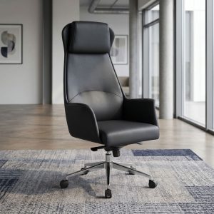 Executive Swivel Office Chair in black upholstery with a high padded backrest, cushioned headrest, integrated armrests and chrome five-star caster base.