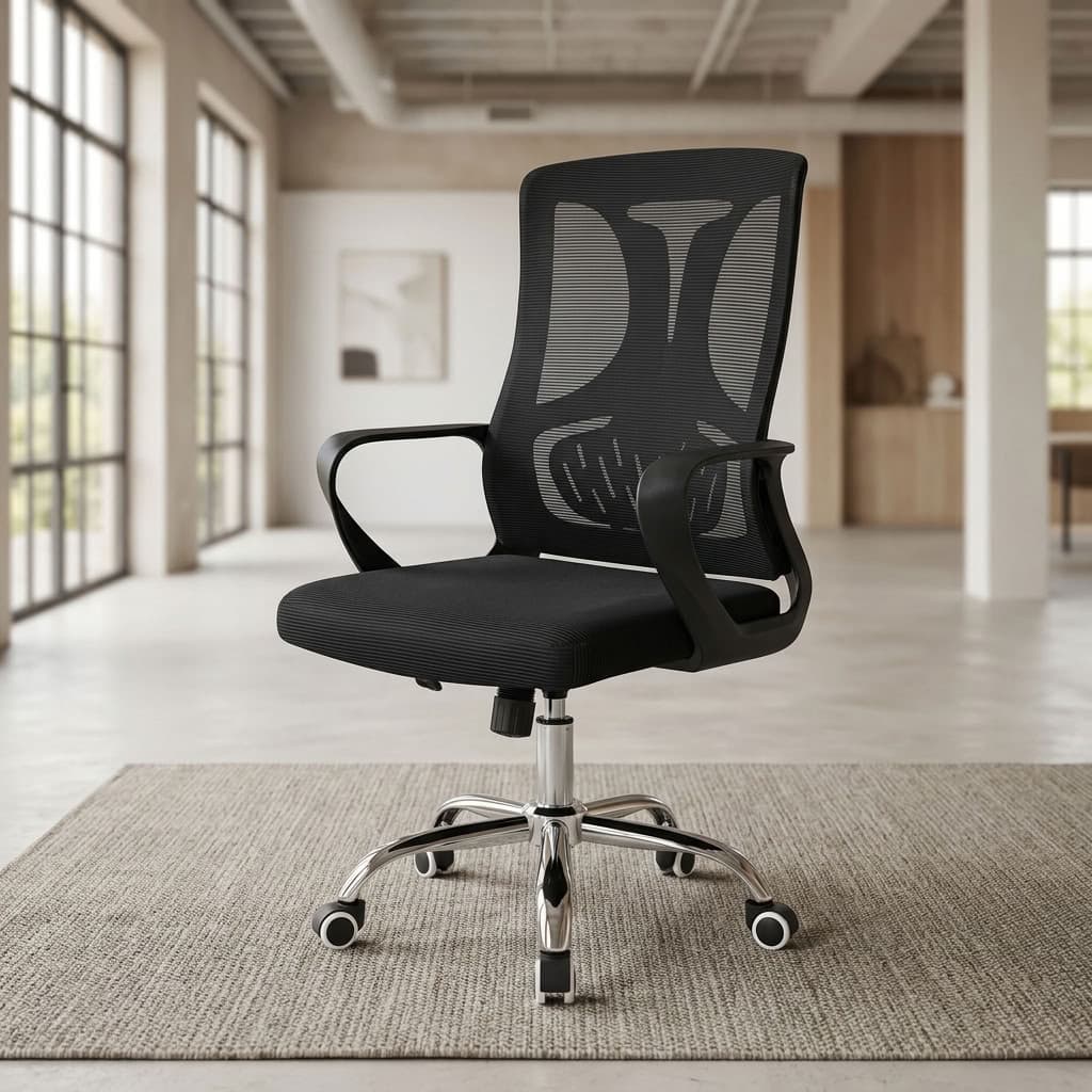 Mid-Back Adjustable Chair with black mesh backrest, integrated lumbar support, padded black fabric seat, curved armrests and chrome five-star caster base.