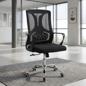 Mid-Back Adjustable Chair with black mesh backrest, integrated lumbar support, padded black fabric seat, curved armrests and chrome five-star caster base.