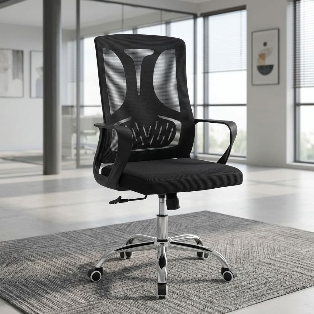 Mid-Back Adjustable Chair with black mesh backrest, integrated lumbar support, padded black fabric seat, curved armrests and chrome five-star caster base.