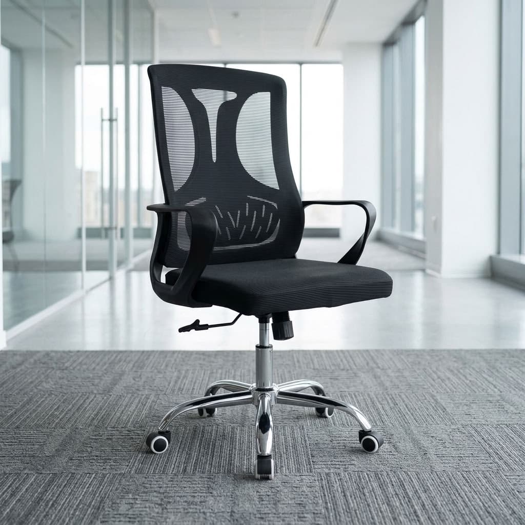 Mid-Back Adjustable Chair with black mesh backrest, integrated lumbar support, padded black fabric seat, curved armrests and chrome five-star caster base.
