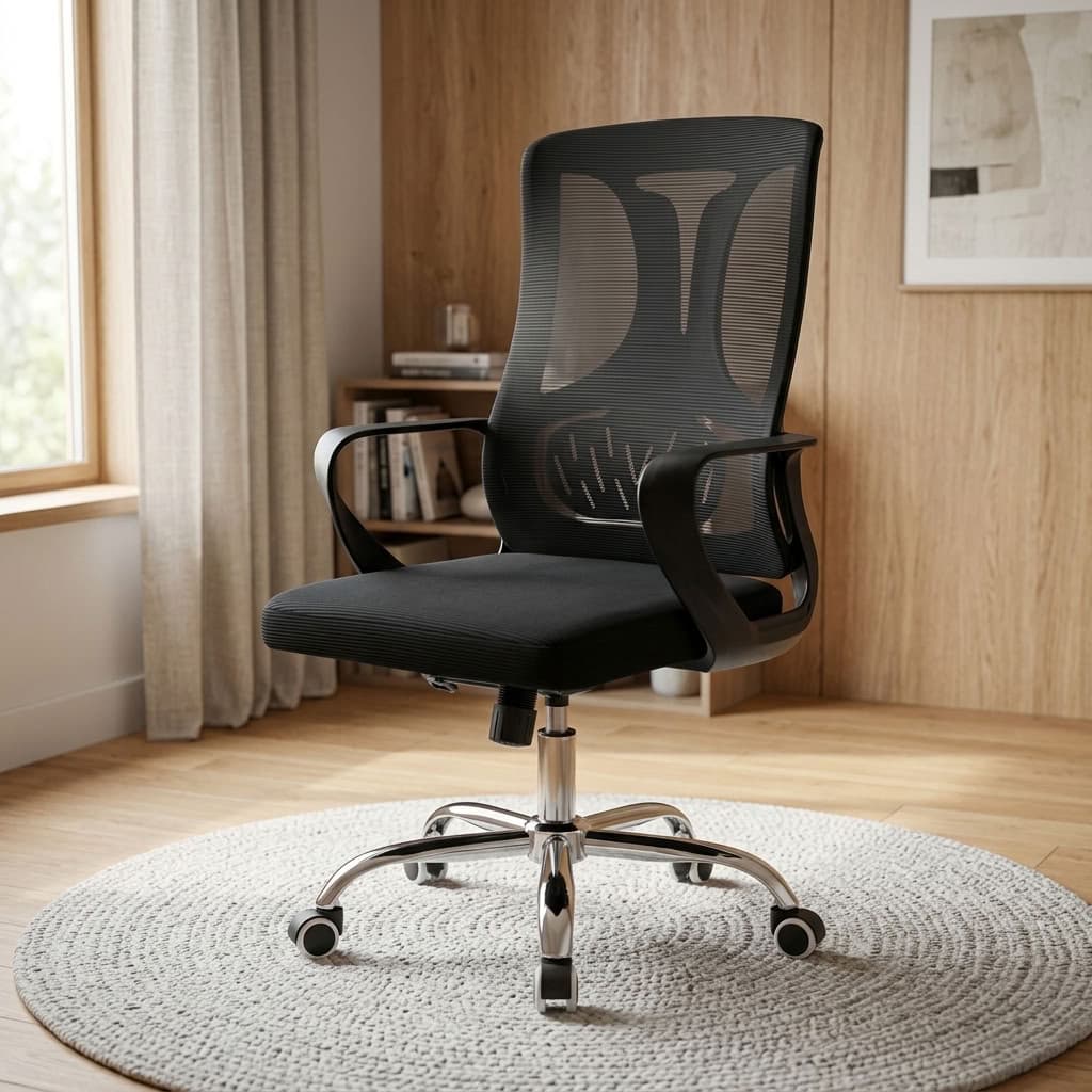 Mid-Back Adjustable Chair with black mesh backrest, integrated lumbar support, padded black fabric seat, curved armrests and chrome five-star caster base.