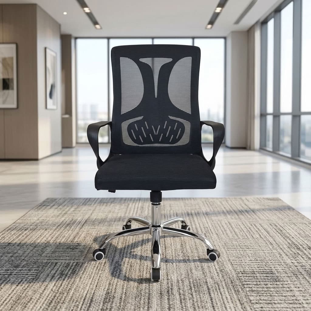 Mid-Back Adjustable Chair with black mesh backrest, integrated lumbar support, padded black fabric seat, curved armrests and chrome five-star caster base.
