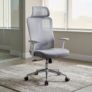 Grey Ergonomic Mesh Chair with breathable grey mesh high back, adjustable headrest, white frame, adjustable armrests, grey cushioned seat, lumbar support, rear coat hanger and chrome five-star caster base.