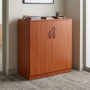 Wooden Office Storage Cabinet with reddish-brown woodgrain finish, two full-height doors, curved metallic handles, key-operated lock and flat rectangular top.