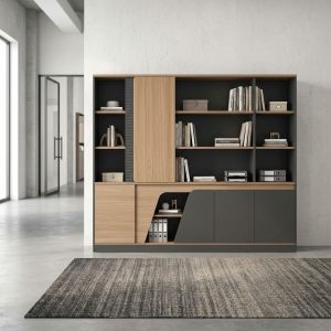 Wooden Office File Cabinet with light woodgrain and dark gray finish, multiple open shelves, tall woodgrain sliding-style panel, lower enclosed compartments and geometric front design.