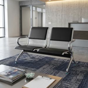 2-Seater Waiting Bench with black padded seats and upper backrests, silver perforated metal back panels, curved chrome-finish armrests, and metallic legs.