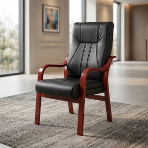 Executive Wooden Armchair with black leatherette padded high backrest, stitched seat cushion, curved reddish-brown wooden armrests, and four fixed wooden legs.
