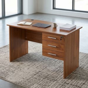 1.4m Locally-Made Office Desk with brown wood-grain finish, rectangular desktop, three storage drawers, lockable top drawer, silver handles, and cable grommet.