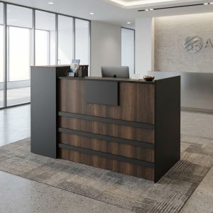 1800mm Wooden Reception Desk with dark brown wood-grain front panels, charcoal gray horizontal accents, raised side counter, and rectangular design.