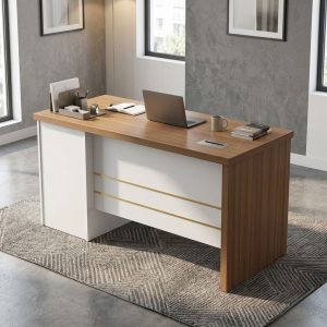 1.4m Home Office Desk with light wood-grain tabletop, white cabinet panels, lockable storage drawer, lower cabinet door, and rectangular office desk design.