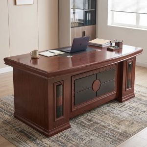 Classic 1.8m Executive Desk with rich mahogany wood-grain finish, thick molded tabletop, decorative black front panel, circular centerpiece, and matching side cabinet.