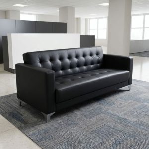 Black 3-Seater Office Sofa with leather-look upholstery, square button-tufted backrest, padded bench seat, wide rectangular armrests, and metallic legs.