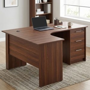 1400mm Curved Office Desk with brown wood-grain finish, L-shaped curved tabletop, three integrated drawers, lockable top drawer, silver handles, and cable management grommet.