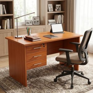 1.4m Cherry Office Desk with rectangular cherry wood-finish tabletop, three integrated storage drawers, silver handles, visible key locks, and wooden modesty panel.