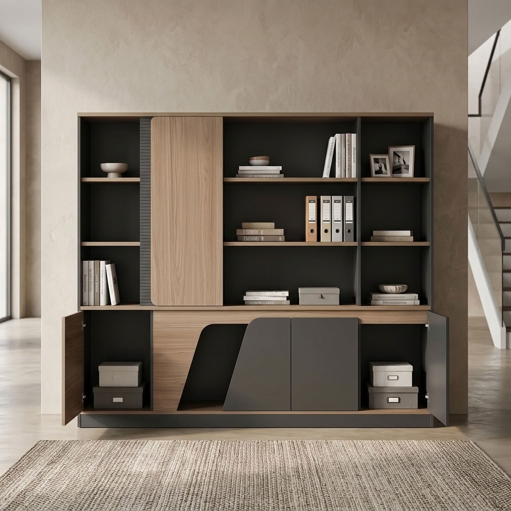 An Executive Display Storage Cabinet featuring multi-tier open shelves with built-in LED lighting, a light oak sliding door, and matte charcoal cupboards.
