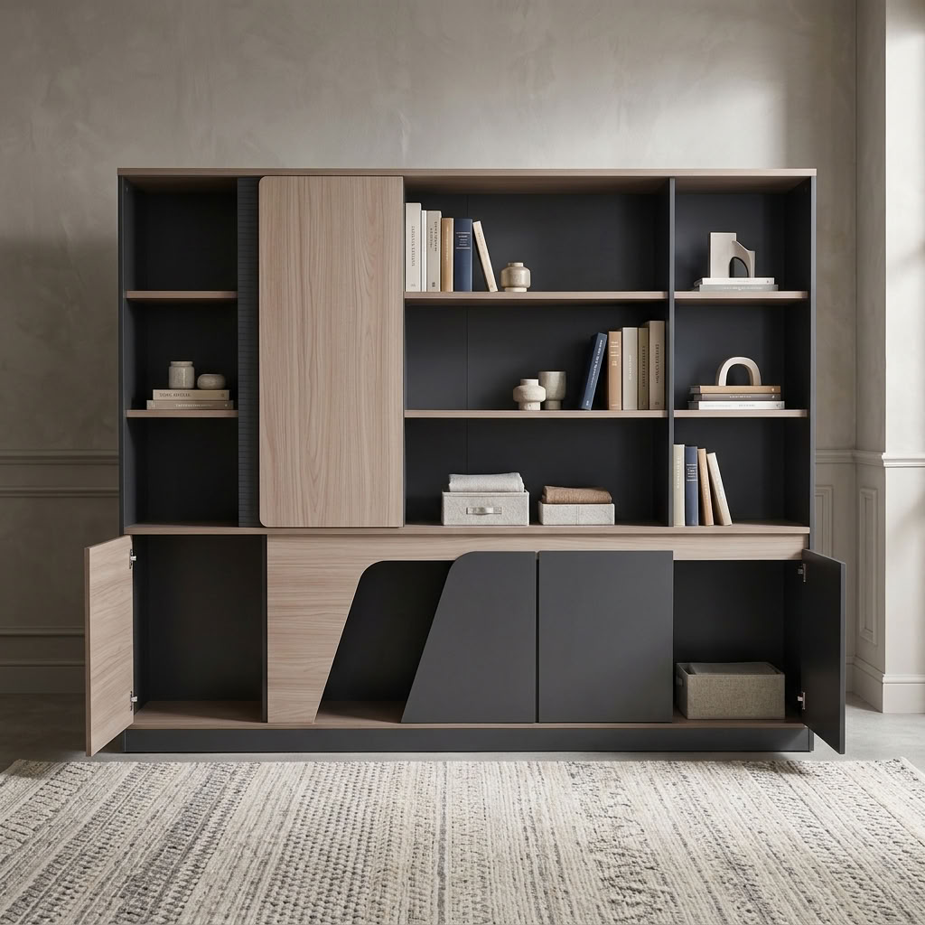 An Executive Display Storage Cabinet featuring multi-tier open shelves with built-in LED lighting, a light oak sliding door, and matte charcoal cupboards.