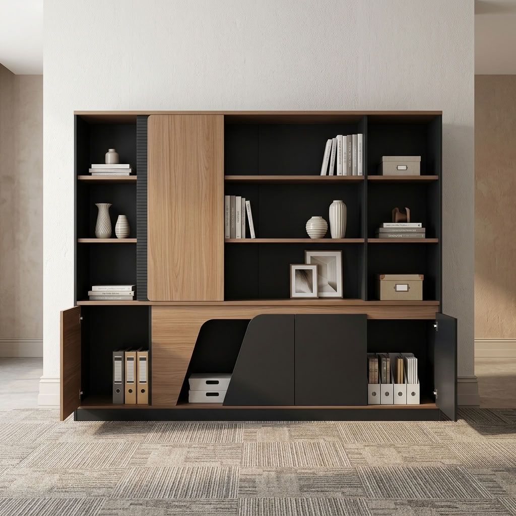 An Executive Display Storage Cabinet featuring multi-tier open shelves with built-in LED lighting, a light oak sliding door, and matte charcoal cupboards.