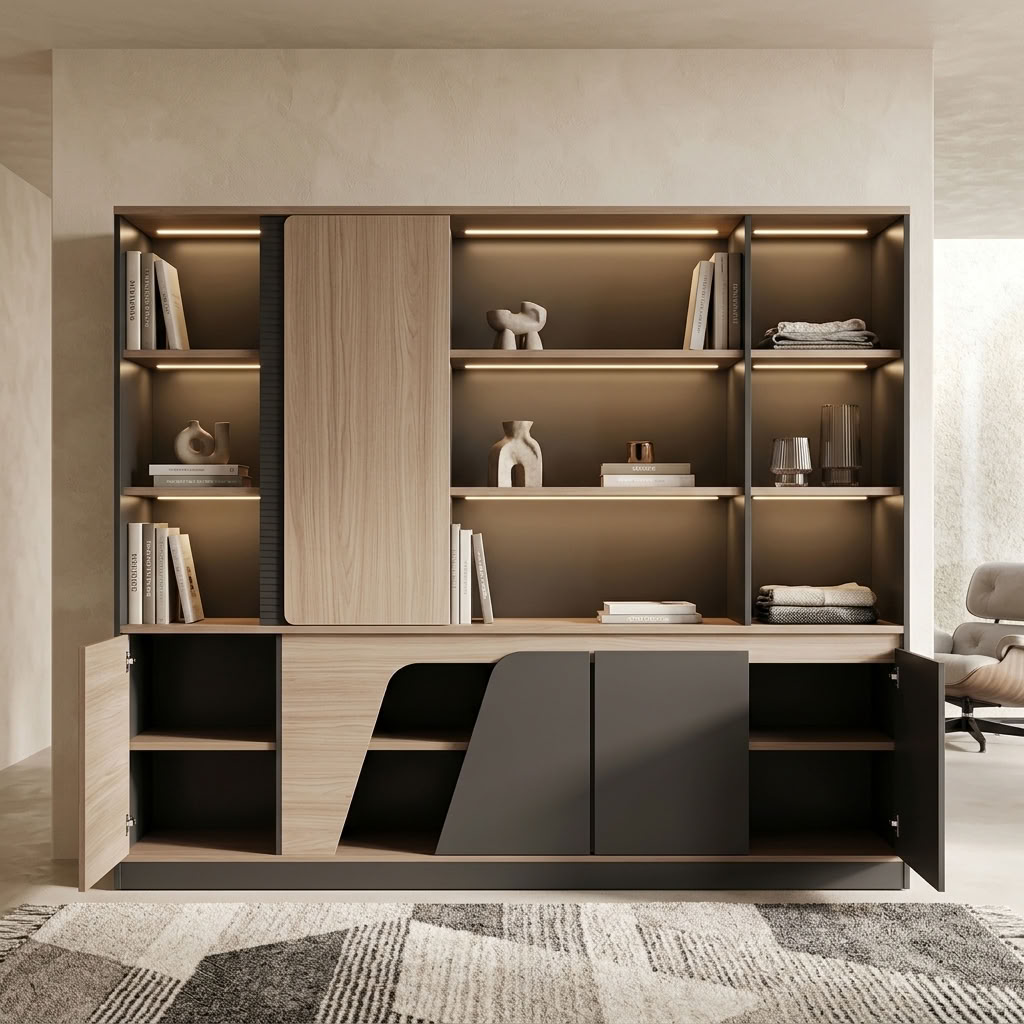 An Executive Display Storage Cabinet featuring multi-tier open shelves with built-in LED lighting, a light oak sliding door, and matte charcoal cupboards.