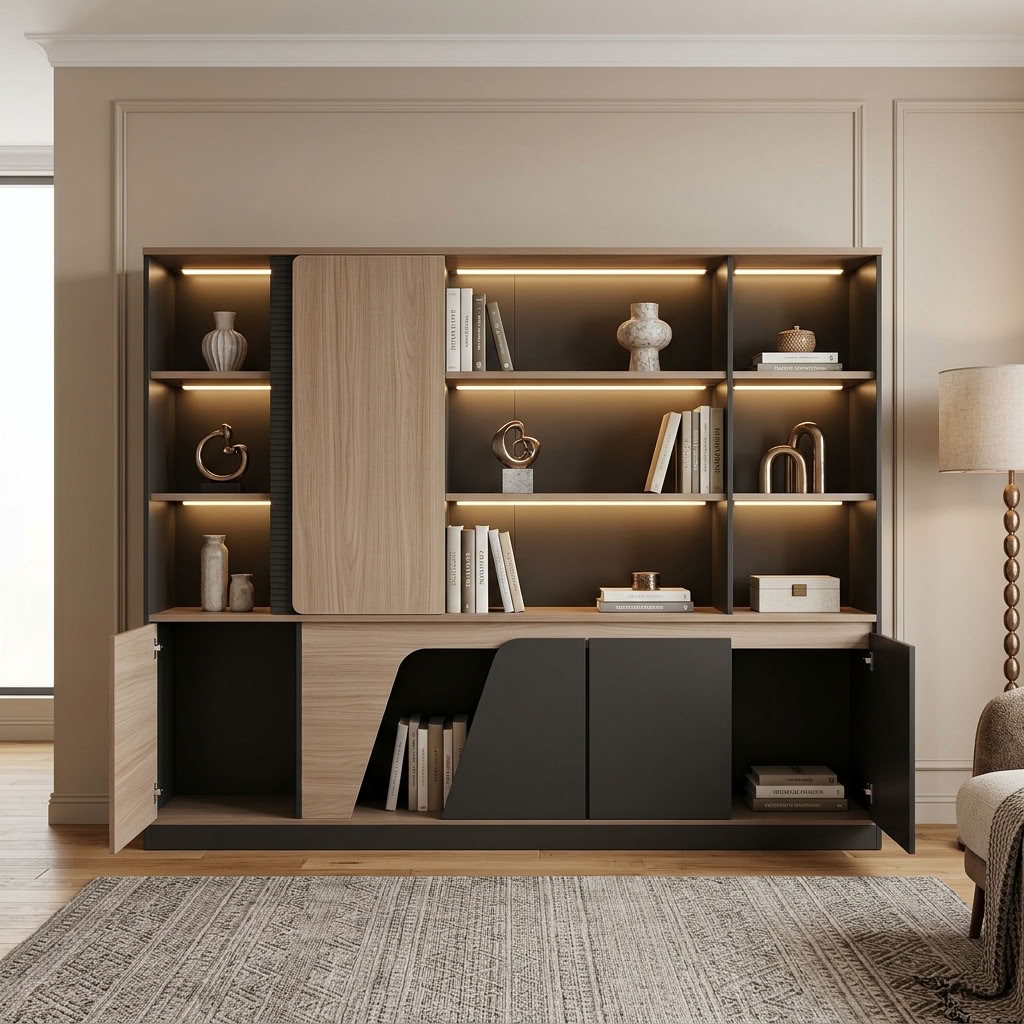 An Executive Display Storage Cabinet featuring multi-tier open shelves with built-in LED lighting, a light oak sliding door, and matte charcoal cupboards.