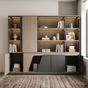 An Executive Display Storage Cabinet featuring multi-tier open shelves with built-in LED lighting, a light oak sliding door, and matte charcoal cupboards.