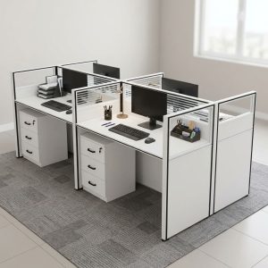 4-Seater Modular Office Workstation with white desktops, black-framed partition screens, frosted horizontal stripes, and three-drawer storage pedestals.