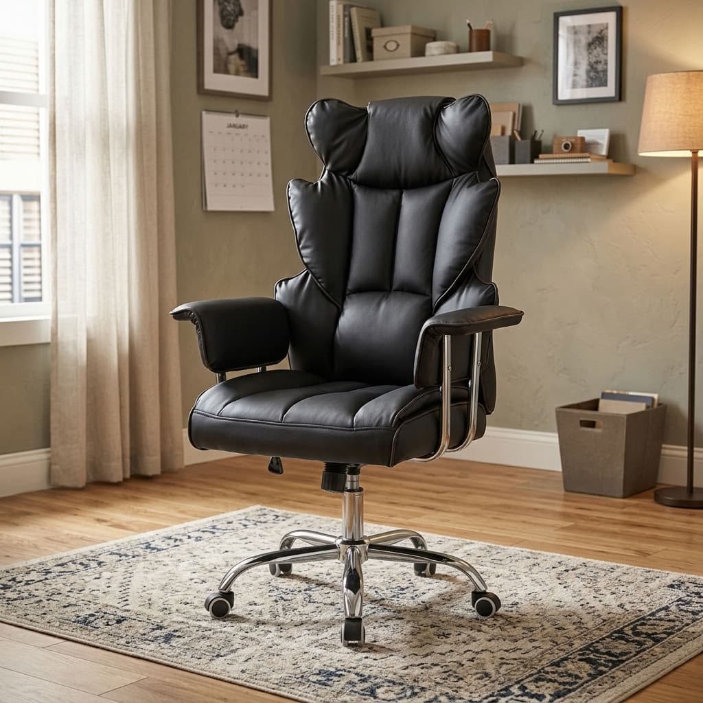 Premium high-back executive office chair in black leather featuring segmented padding, cushioned armrests, and a five-star polished chrome wheeled base.