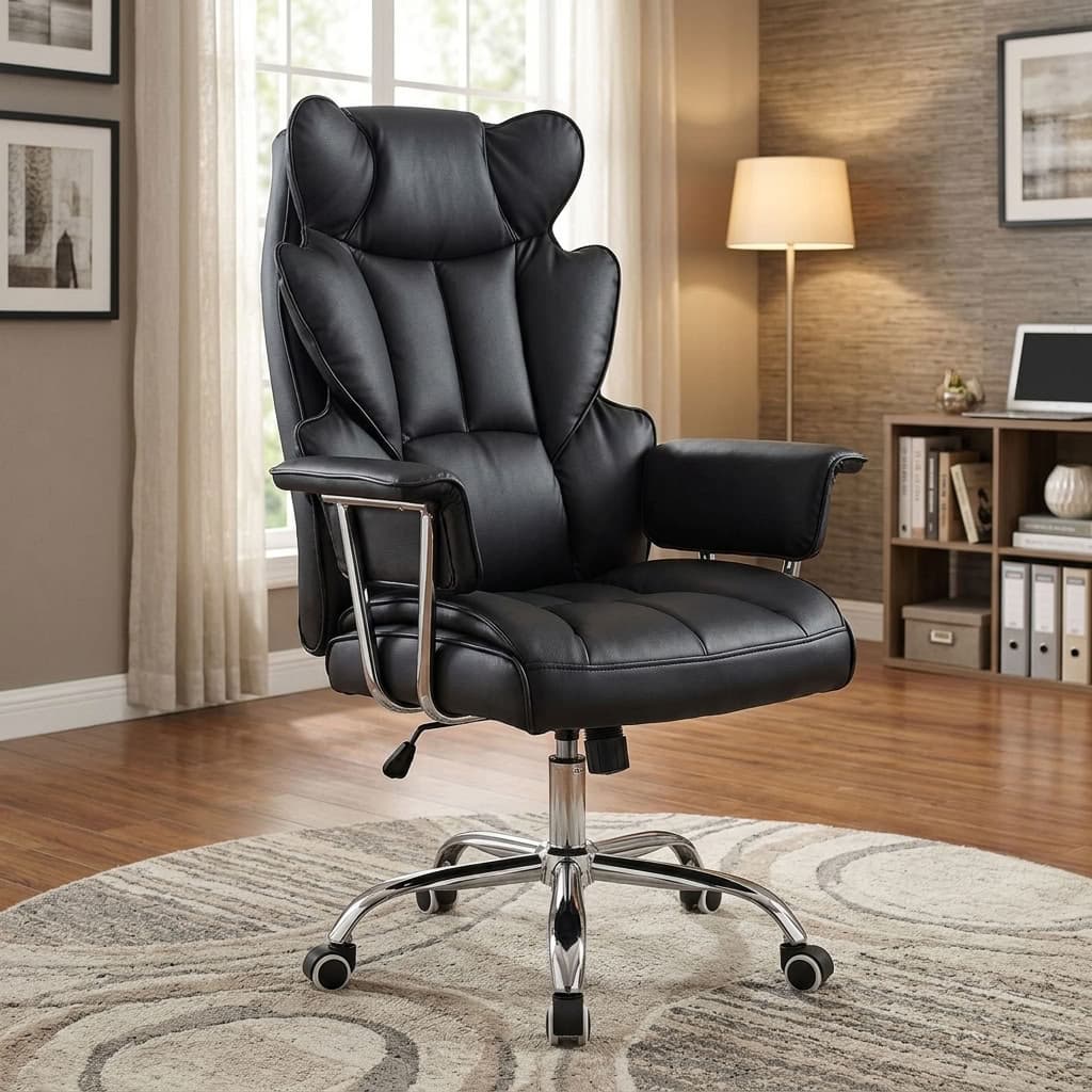 Premium high-back executive office chair in black leather featuring segmented padding, cushioned armrests, and a five-star polished chrome wheeled base.