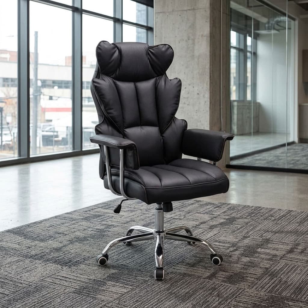 Premium high-back executive office chair in black leather featuring segmented padding, cushioned armrests, and a five-star polished chrome wheeled base.