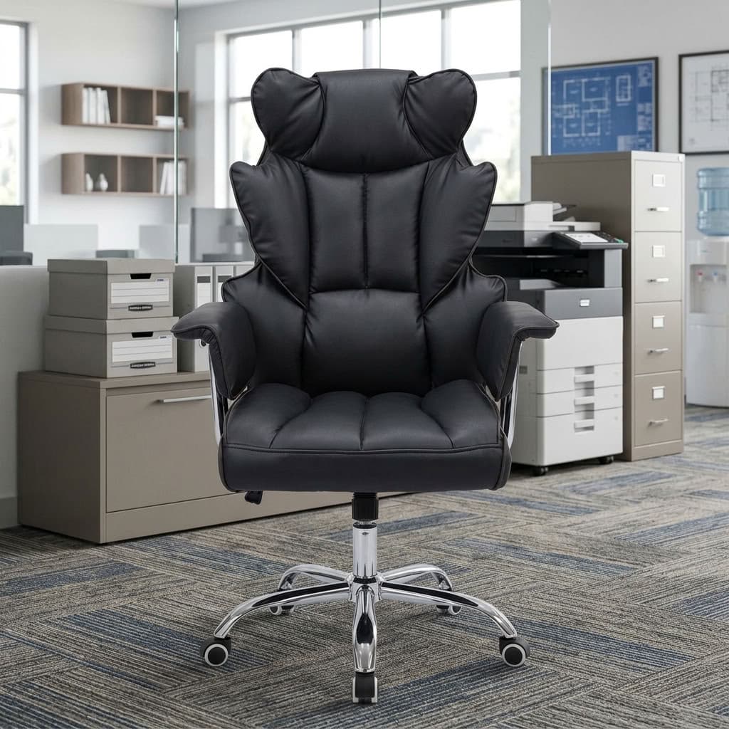 Premium high-back executive office chair in black leather featuring segmented padding, cushioned armrests, and a five-star polished chrome wheeled base.