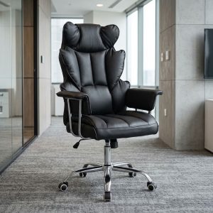 Premium high-back executive office chair in black leather featuring segmented padding, cushioned armrests, and a five-star polished chrome wheeled base.