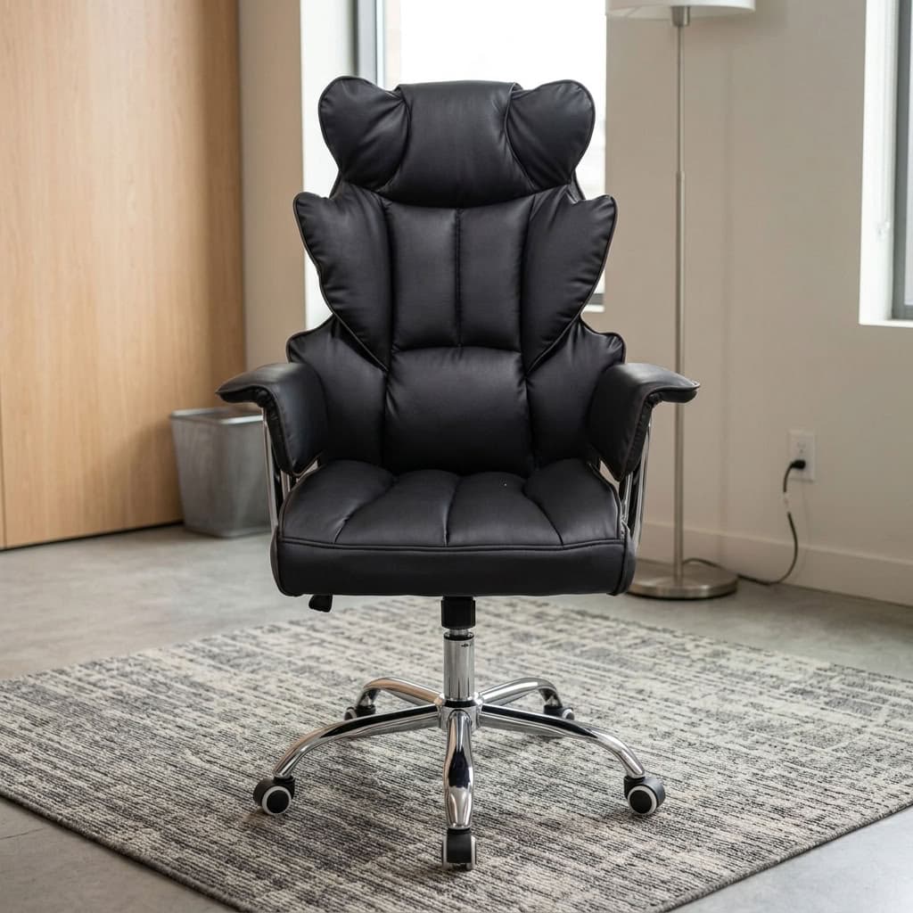 Premium high-back executive office chair in black leather featuring segmented padding, cushioned armrests, and a five-star polished chrome wheeled base.