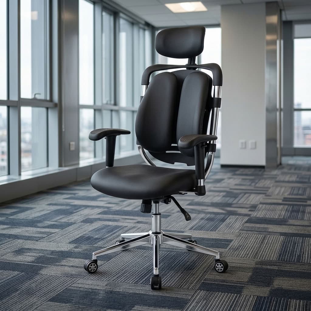 High-back orthopedic office chair in black leather featuring a dual-wing backrest, adjustable headrest, adjustable armrests, and a polished chrome base.