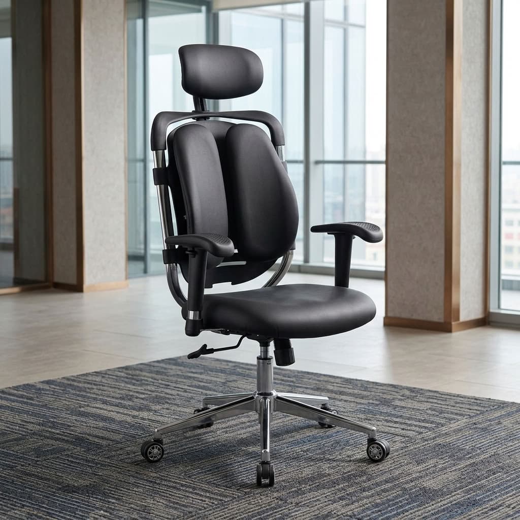 High-back orthopedic office chair in black leather featuring a dual-wing backrest, adjustable headrest, adjustable armrests, and a polished chrome base.