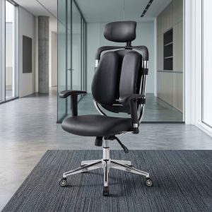 High-back orthopedic office chair in black leather featuring a dual-wing backrest, adjustable headrest, adjustable armrests, and a polished chrome base.