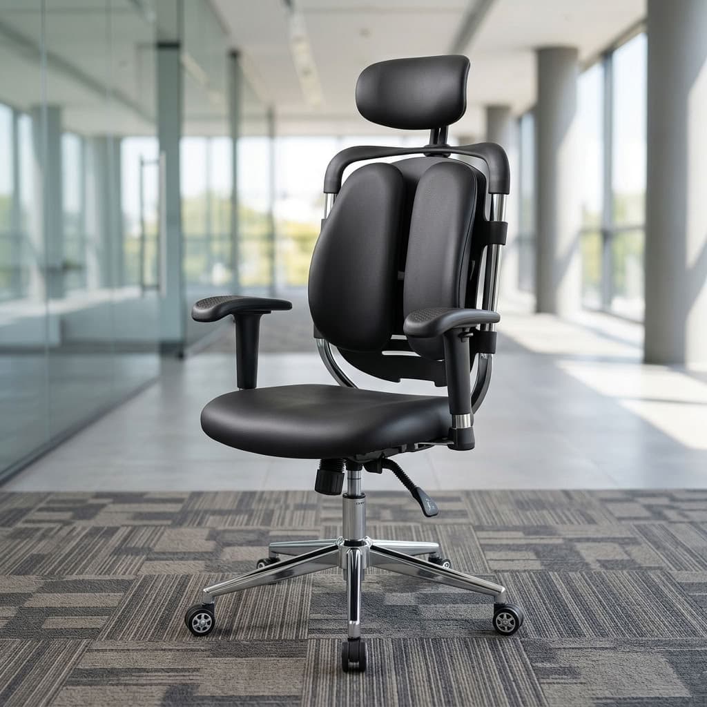 High-back orthopedic office chair in black leather featuring a dual-wing backrest, adjustable headrest, adjustable armrests, and a polished chrome base.