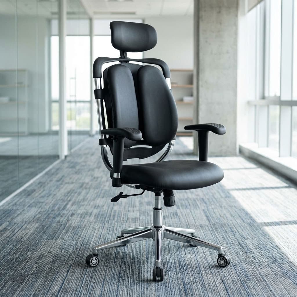 High-back orthopedic office chair in black leather featuring a dual-wing backrest, adjustable headrest, adjustable armrests, and a polished chrome base.