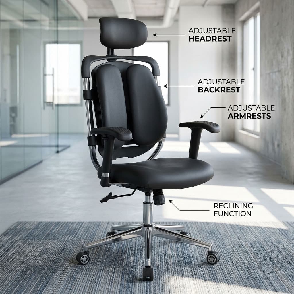High-back orthopedic office chair in black leather featuring a dual-wing backrest, adjustable headrest, adjustable armrests, and a polished chrome base.