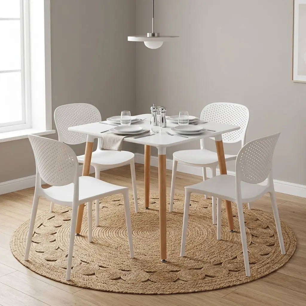 Dining Table And Chairs For 4 with white rectangular tabletop, four tapered wood-look legs and four white chairs with curved perforated backrests.