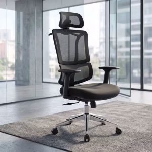 Black Ergonomic Mesh Executive Chair with 2D headrest, reclining mesh backrest, adjustable lumbar support, 3D armrests and chrome five-star base.