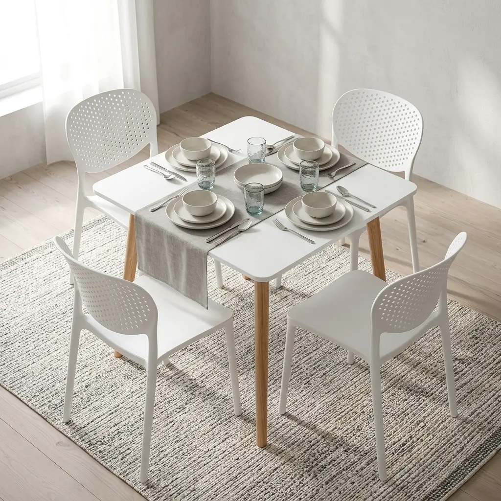 Dining Table And Chairs For 4 with white rectangular tabletop, four tapered wood-look legs and four white chairs with curved perforated backrests.