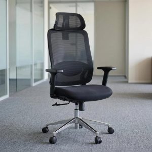 Orthopedic Seat with Knob featuring black mesh high backrest, adjustable mesh headrest, 3D armrests, 2D knob-controlled lumbar support, padded fabric seat and chrome five-star caster base.