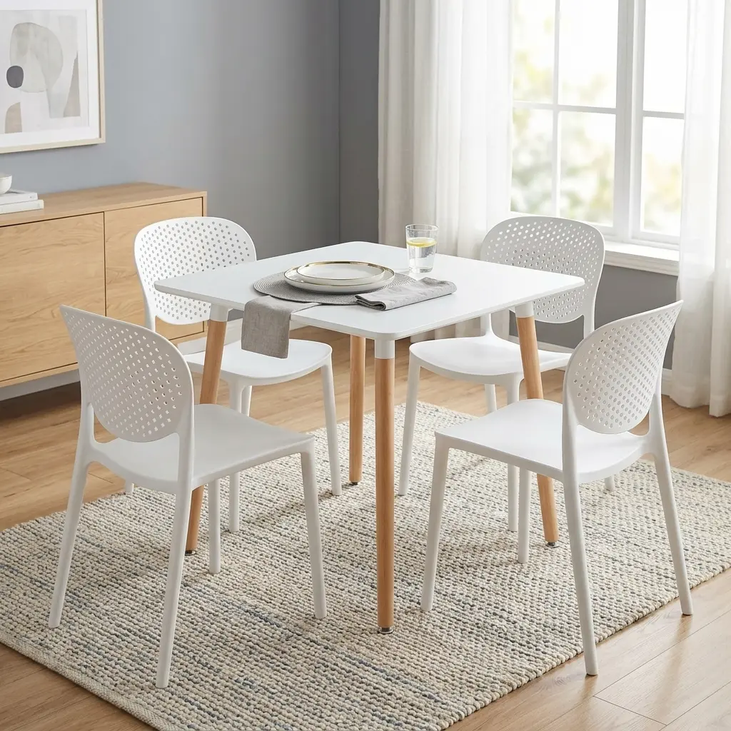 Dining Table And Chairs For 4 with white rectangular tabletop, four tapered wood-look legs and four white chairs with curved perforated backrests.