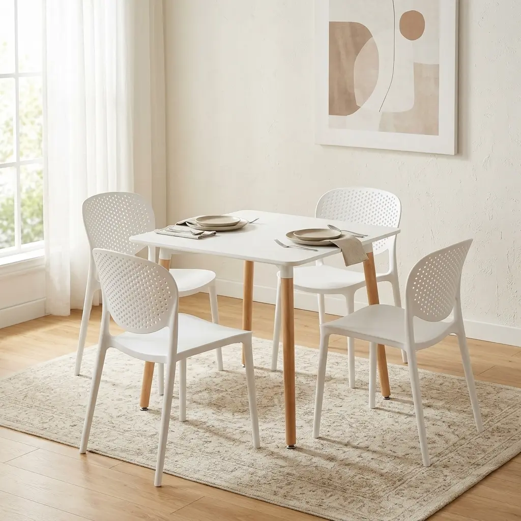 Dining Table And Chairs For 4 with white rectangular tabletop, four tapered wood-look legs and four white chairs with curved perforated backrests.