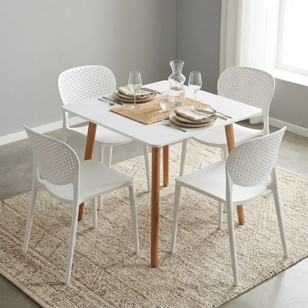 Dining Table And Chairs For 4 with white rectangular tabletop, four tapered wood-look legs and four white chairs with curved perforated backrests.