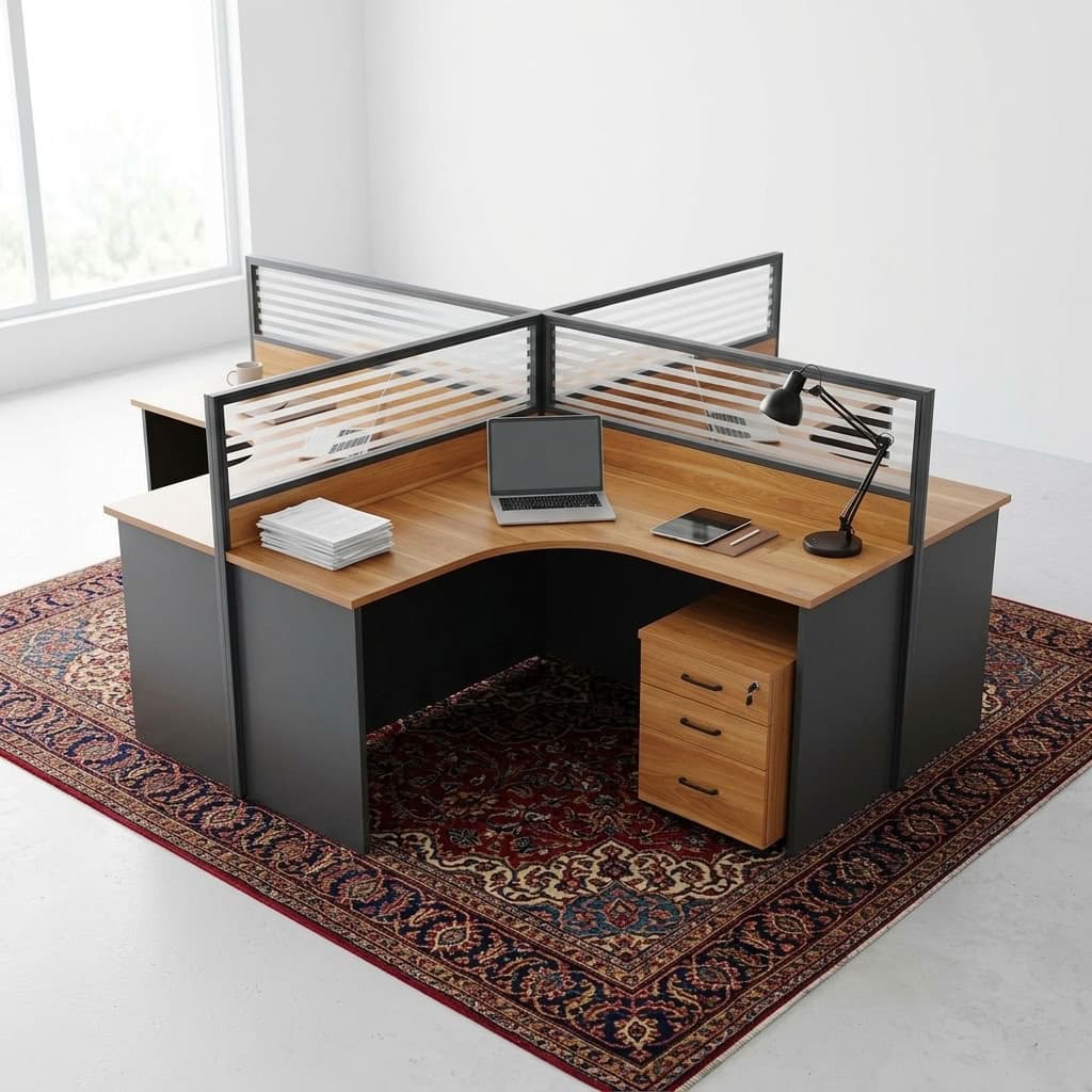 Ergonomic 4-Person Workstation with L-shaped wood-grain desktops, grey modesty panels, black-framed striped partition screens and three-drawer storage pedestal.
