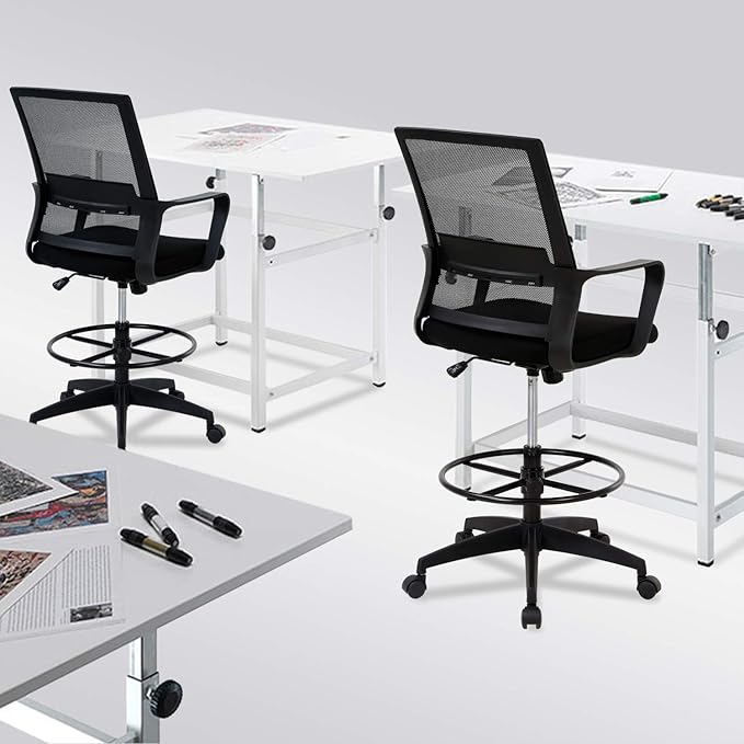 Black mesh drafting chair with adjustable foot ring and lumbar support