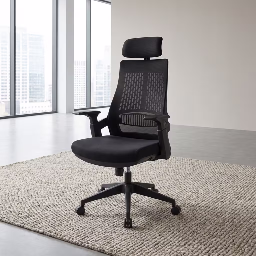 A High Back Mesh Ergonomic Office Seat featuring a black high-back breathable mesh backrest, front-and-back adjustable armrests, and a 5-star mobile base.